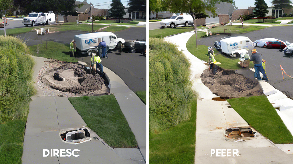A detailed visual comparison of traditional sewer line repair methods and trenchless solutions, highlighting average cost estimates for each. Include elements like cost breakdowns, inspection and permitting fees as additional components, and a background depicting a suburban neighborhood to emphasize geographical variations in costs.