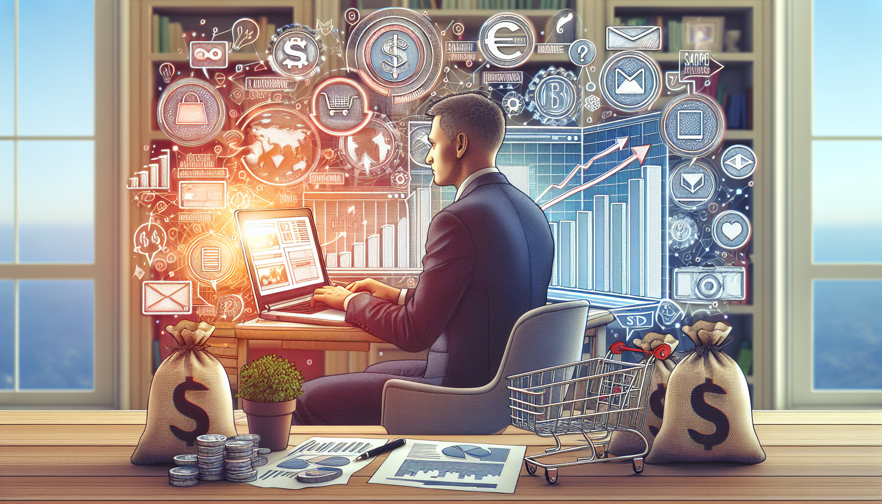 Create an image depicting a bustling online store dashboard on a laptop screen, surrounded by marketing icons like social media logos, email, and SEO symbols. Incorporate visual elements representing growth and scaling, such as upward graphs, shopping carts, and money bags. The background should include visual cues for success, like a satisfied entrepreneur working in a cozy home office. Keywords: dropshipping side hustle, marketing, success, growth.