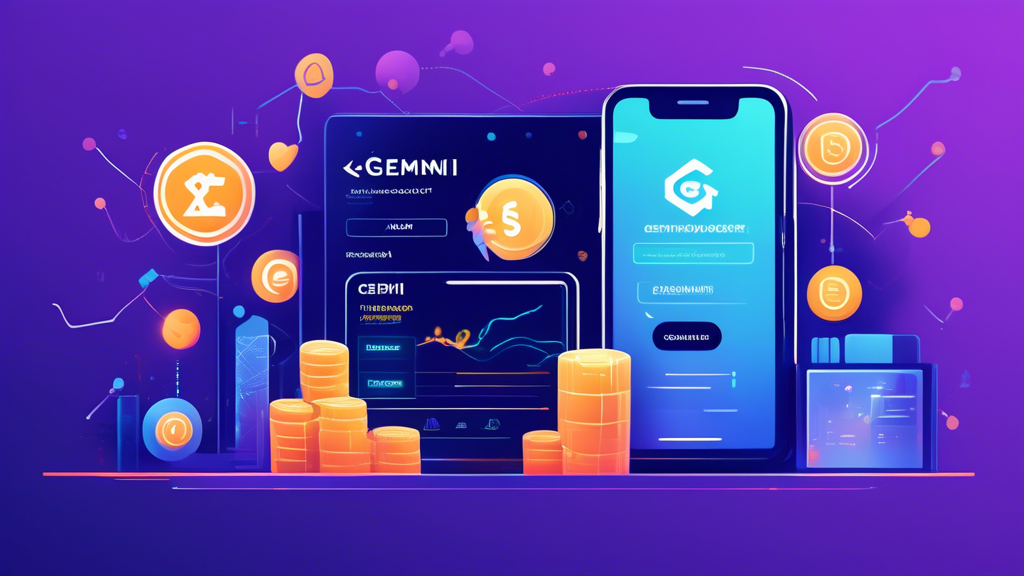 An illustrated step-by-step guide showing how to set up a Gemini Crypto Exchange account, navigate the platform, and execute a trade. The image should feature a modern interface, a user navigating the Gemini dashboard, icons for account creation, platform navigation, and trading processes. Include subtle Gemini branding and a sleek, tech-savvy design.