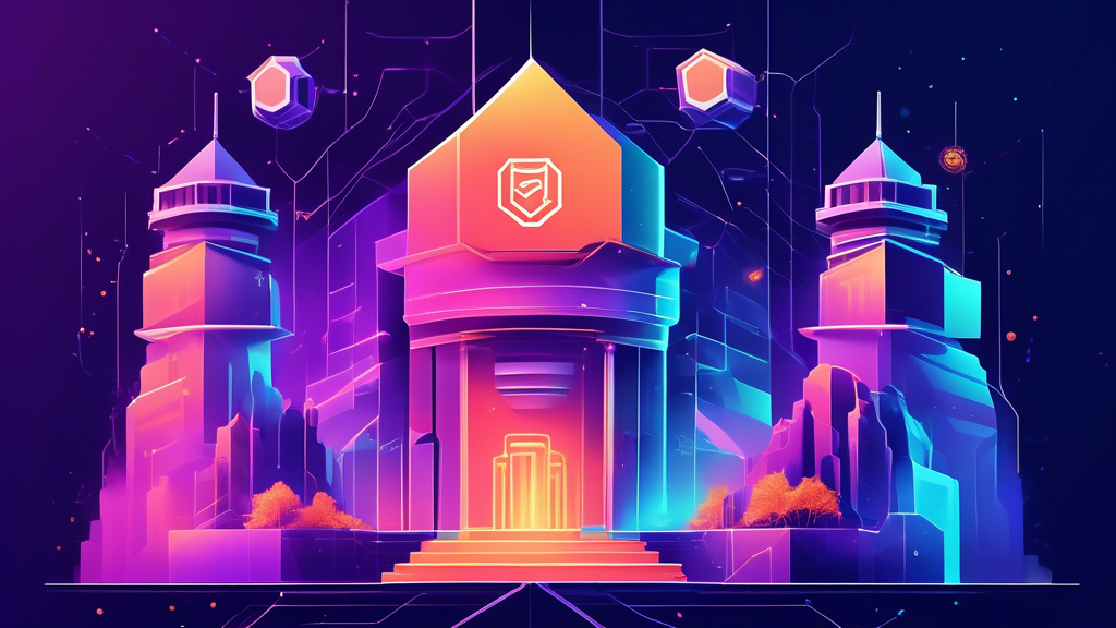 Create an image that visualizes the concept of Gemini Crypto Exchange: Security, Fees, and Benefits. Show a futuristic digital landscape with a secure fortress representing robust security measures. Incorporate elements like locks, shields, or encrypted data streams to symbolize security. Include a transparent layer presenting various fee structures, depicted using icons like coins, percentage signs, and transaction graphs. Add icons or images highlighting the benefits, such as user-friendly interfaces, mobile accessibility, and unique selling points. Label key elements or use subtle Gemini branding to tie the theme together.