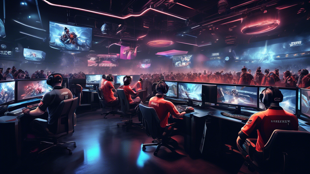 Create an image that depicts the inner workings of a successful esports team. The scene should feature a diverse group of esports players in a modern, high-tech gaming environment. The team should be actively engaged in practice, with some members focused on gameplay, while others are strategizing or receiving training from a coach. Additionally, incorporate elements that highlight organizational support, such as branding, sponsorship banners, and a management team discussing strategies in the background. The overall atmosphere should exude professionalism, teamwork, and high energy, showcasing the essential roles and skills needed for a winning esports team.