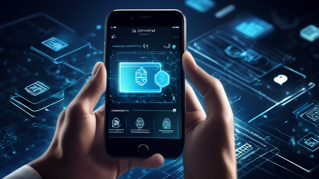 Create an image that illustrates a person using a digital wallet on their smartphone with the Gemini Crypto platform interface prominently displayed. The background should have visual elements symbolizing security and reliability, such as padlocks, shields, and graphs showing rising profits. The overall atmosphere should be modern and sleek, highlighting the step-by-step process of optimizing financial transactions with Gemini Crypto. Keywords to include: Gemini Crypto, digital wallet, financial transactions, security, profitability.
