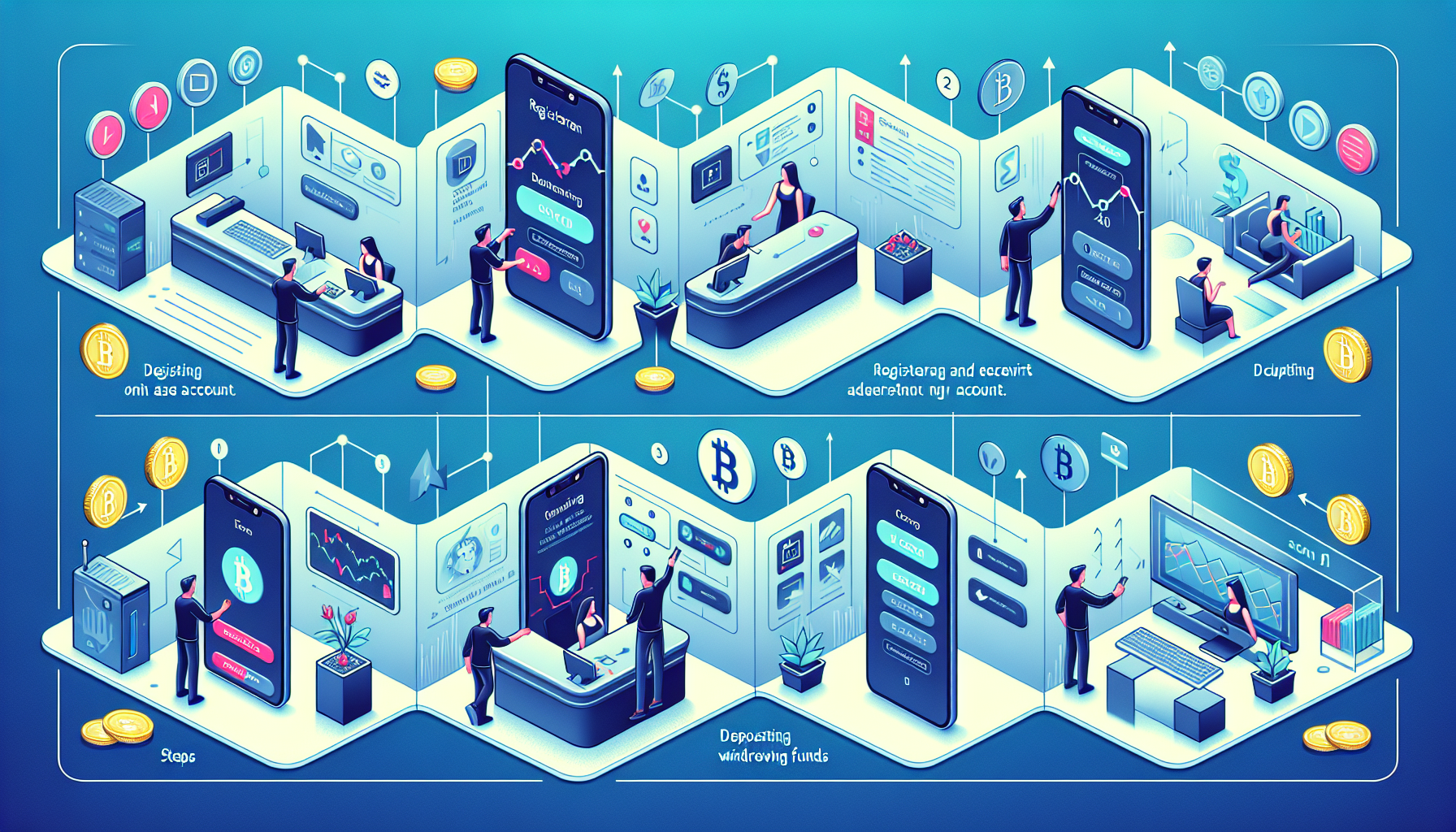 Create an image with the following prompt for DALL-E:

A detailed, step-by-step visual guide showing how to start trading on the Luno platform. It includes scenes depicting the process of registering and verifying an account, depositing and withdrawing funds, and making the first trade. Each step is clearly illustrated with modern, clean, and user-friendly interface elements specific to Luno, emphasizing ease of use and streamlined navigation.