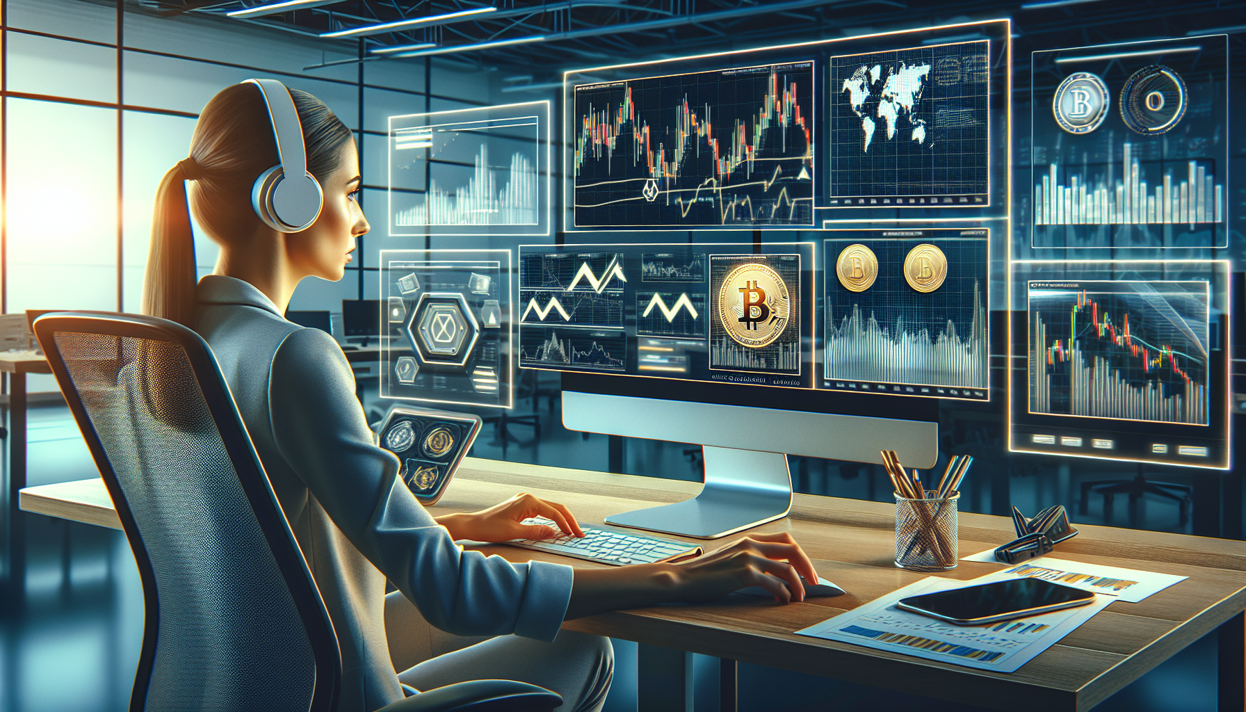 Create an image illustrating a modern, high-tech trading setup for successful cryptocurrency trading on the Luno platform. Include various elements such as a computer screen displaying cryptocurrency charts, analysis tools, and graphs showing market predictions. Show a person actively engaged in trading, utilizing these tools to implement strategies for minimizing risks and maximizing profits. The environment should be sleek and professional, emphasizing the advanced features and benefits of using Luno for effective cryptocurrency trading.