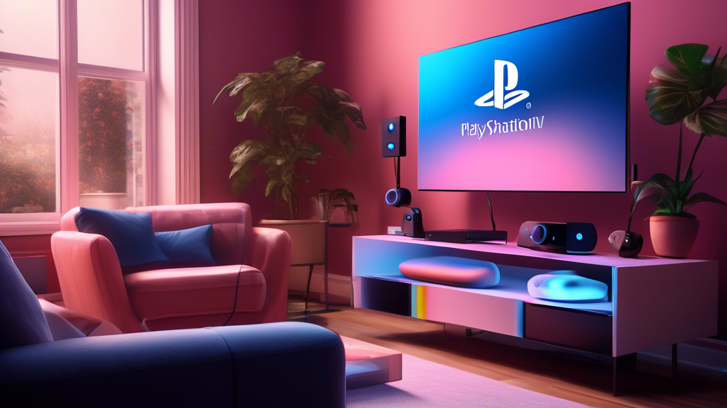 Create an image that depicts a modern living room setting with a PlayStation 5 console connected to a PlayStation VR headset. The scene should include:

1. A TV displaying a vibrant, immersive VR interface.
2. The PlayStation VR headset prominently placed in front of the TV, suggesting setup mode.
3. The PlayStation 5 console next to the TV.
4. Clear visual elements such as cables, controllers, and the PlayStation Camera indicating setup.
5. A cozy, welcoming atmosphere with modern furniture and subtle lighting, enhancing the focus on the PlayStation VR setup process.

Please make sure the image is detailed and visually appealing to highlight the steps of setting up PlayStation VR on PS5.