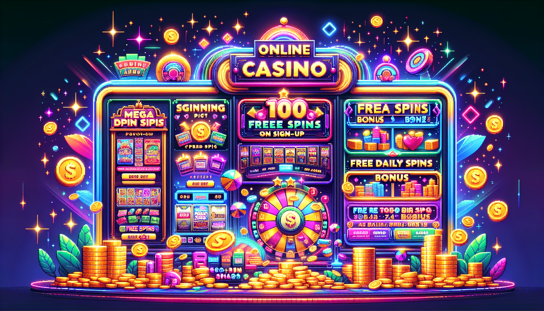 Create an image of a vibrant and dazzling online casino interface showing a list of top-rated casinos. Each casino should have an eye-catching banner highlighting their generous free spins offers, such as 100 Free Spins on Sign-Up, Mega Spin Bonus, and Free Daily Spins. The background can feature sparkling graphics of spinning slots, gold coins, and flashing lights to evoke the excitement and allure of free spins in the online gambling world.