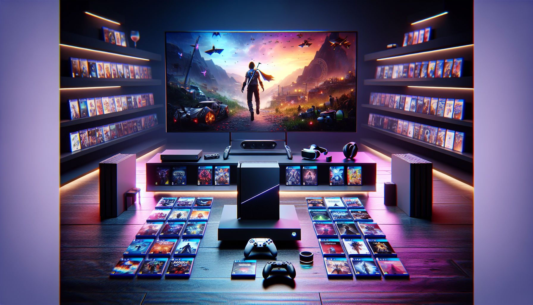 Create an image depicting a PS4 Pro gaming setup showcasing its advanced features. The scene should include a close-up of a PS4 Pro console with its distinctive design, highlighting an activated Boost Mode. Surrounding the console, include a variety of popular PS4 Pro enhanced game titles with their covers visible. Show detailed in-game graphics on a high-resolution television screen, emphasizing stunning visuals. Include essential accessories like a wireless controller, a VR headset, and gaming headphones around the setup, illustrating a top-notch gaming environment.