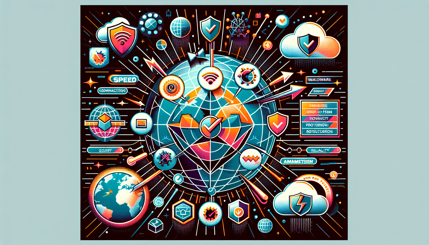 Create a detailed illustration showcasing various DNS proxy features such as speed, security, and reliability. Visual elements should include icons or symbols representing high-speed connectivity, shield symbols for security, checkmarks for reliability, and additional icons for features like malware protection, geo-unblocking, and user-friendliness. Use a comparison chart in the background to subtly indicate the comparison aspect between different DNS proxies. The overall image should have a clean, modern design with vibrant colors to capture the viewer