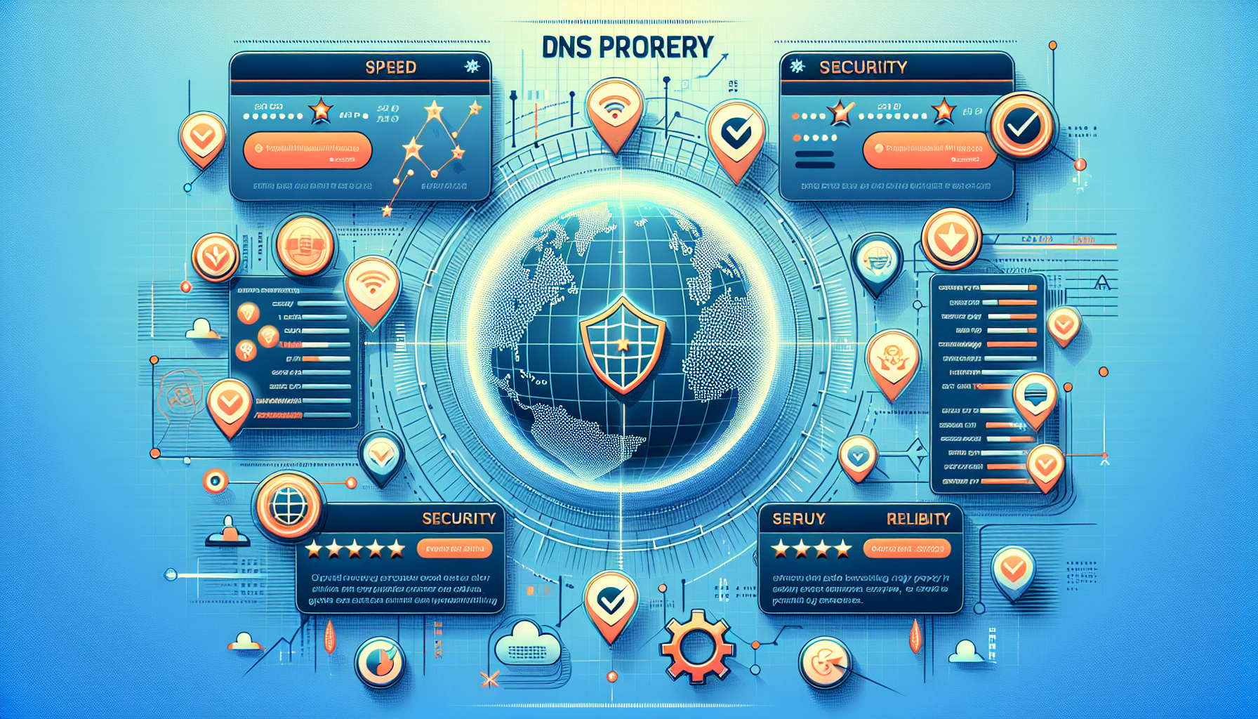 Create an image featuring a modern, sleek interface of a DNS proxy service, with icons representing speed, security, and reliability prominently displayed. Include a list of the top DNS proxy services in 2023 on the side, with vibrant checkmarks and star ratings beside each service name. In the background, have a subtle world map to imply global reach and testimonials from satisfied users as speech bubbles around the image. Make sure the overall design is clean and professional to convey trust and expertise.
