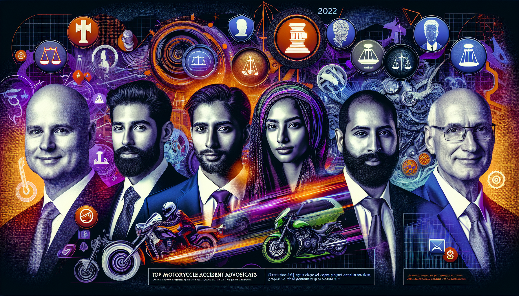 DALL-E prompt: A professionally designed digital montage featuring the profiles of the top five motorcycle accident lawyers in 2022. Each profile is accompanied by icons representing their expertise, notable case outcomes, and glowing client testimonials. The background displays an abstract design of legal symbols and motorcycle elements, subtly incorporating the latest legal environments and technology themes prevalent in 2022. Towards the bottom, include a text overlay that reads 