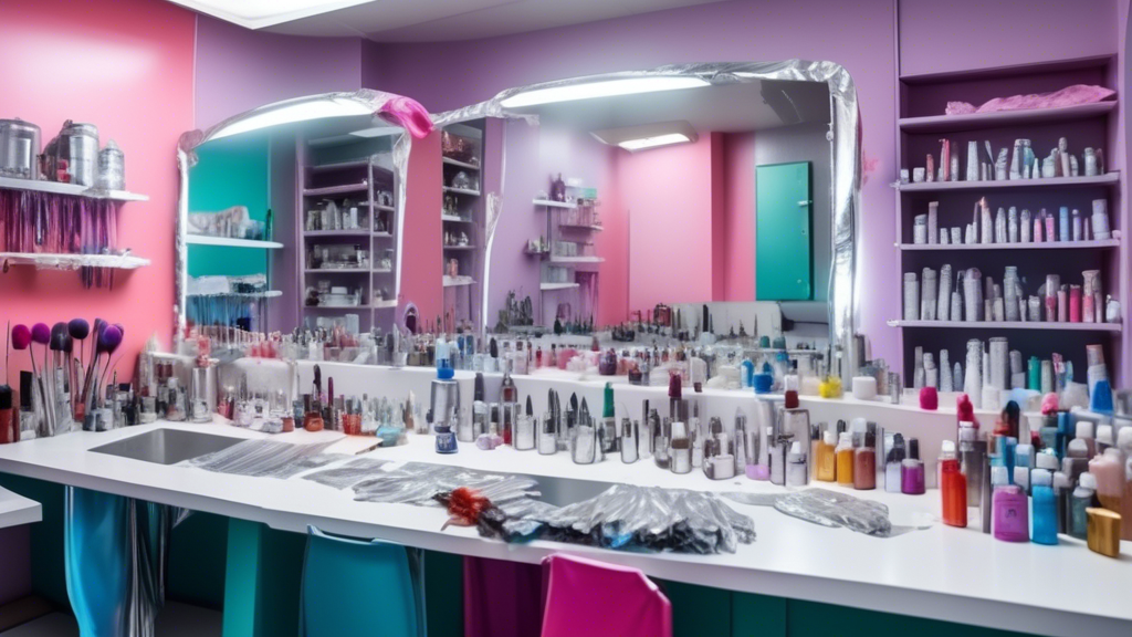 **DALL-E Prompt:**

A well-organized workspace for hair dyeing using aluminium foil. The scene includes a clean counter with essential tools: rolls of aluminium foil, bottles of hair dye in various colors, and a set of applicator brushes. Nearby, there are protective items like a plastic cape and gloves. A sectioned-off area with plastic sheets is protecting the surrounding furniture and floor. The image also showcases a shampoo bottle and neatly sectioned hair strands, ready for the application process.

Keyword: aluminium foil for hair dye.