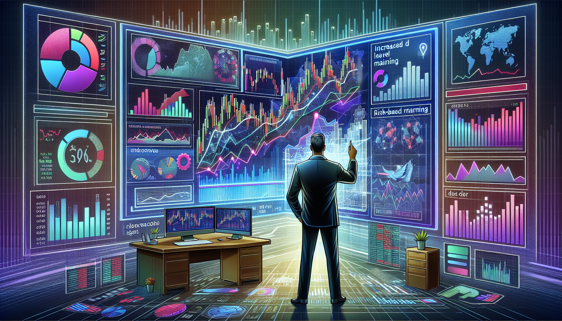 A professional investor analyzing a financial chart on a large screen, with annotations highlighting 