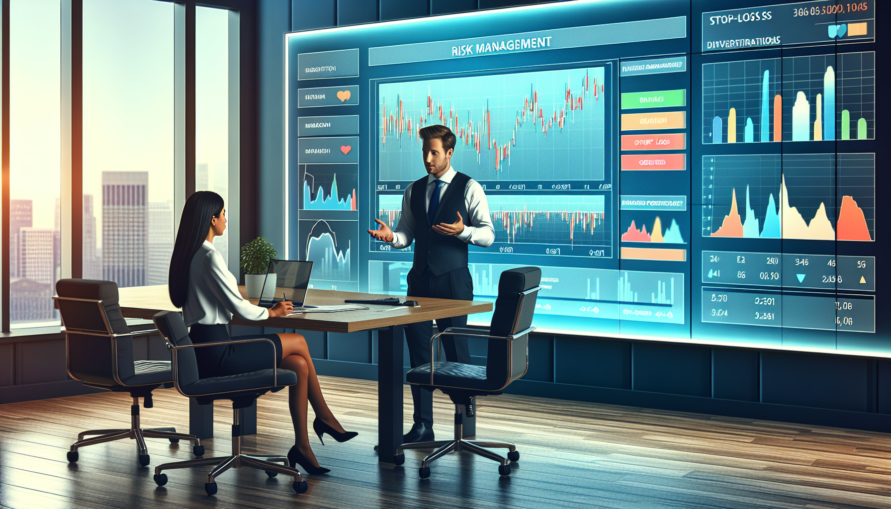 Create an image of a financial advisor explaining risk management strategies to a client in front of a large screen displaying a diversified investment portfolio. The financial advisor is pointing to a section of the screen that highlights stop-loss orders and risk assessment charts. The background includes calming yet professional office decor, emphasizing the importance of careful planning and review in managing a portfolio margin account.