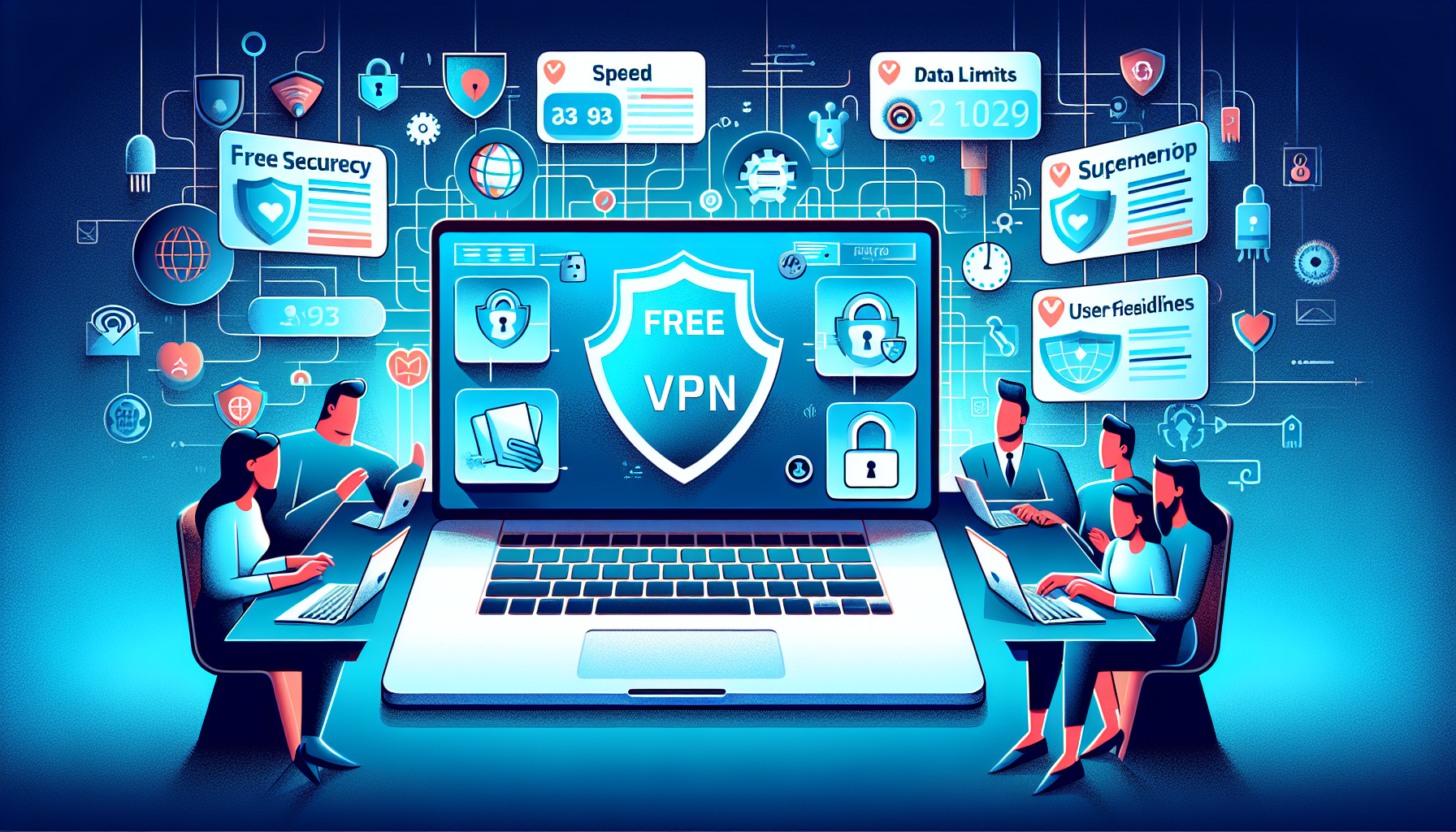 A colorful illustration showing a MacBook on a sleek desk surrounded by various icons representing the best free VPN options for 2023. Each VPN icon is accompanied by small text boxes highlighting key features like speed, data limits, and ease of use. The background should have subtle security symbols such as shields and locks, and the foreground can include users with happy expressions. The image should evoke a sense of comparison and user satisfaction, emphasizing the theme of reliable, free cybersecurity options for Mac users.