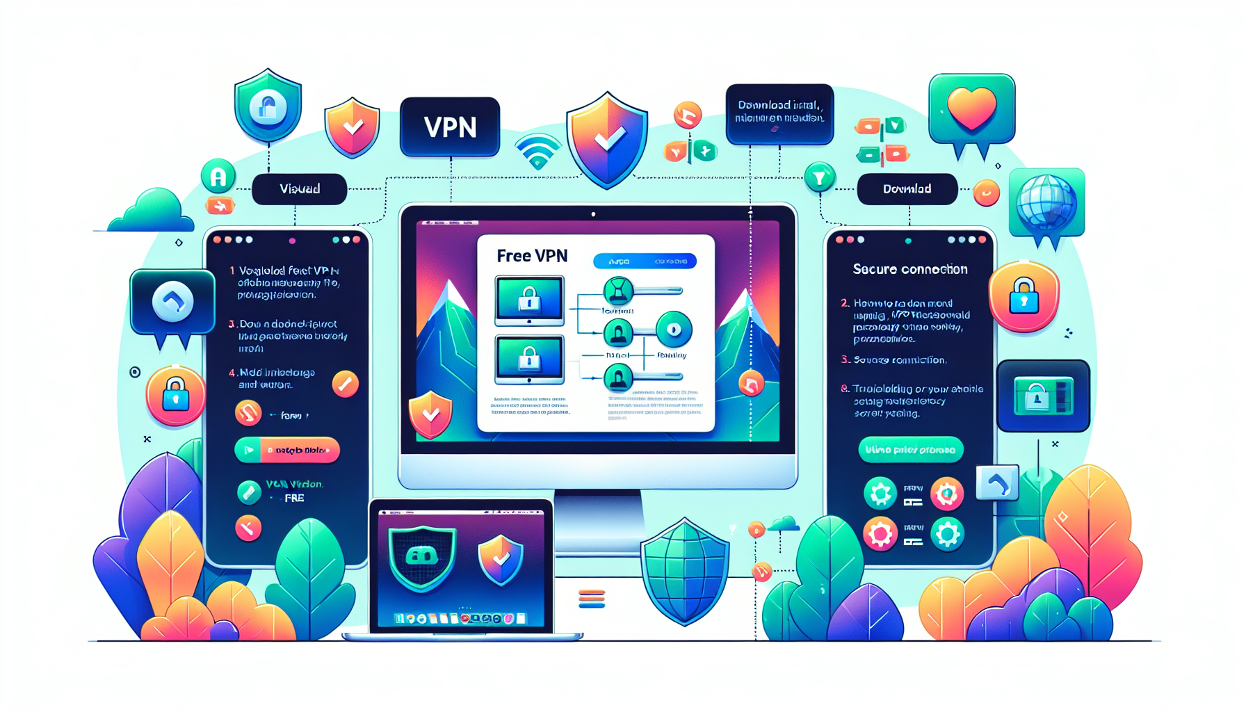 **DALL-E Prompt:** Create an illustration showing a step-by-step visual guide on how to download, install, and configure a free VPN on a Mac. The image should include clear, easy-to-follow steps represented by Mac screens, highlighting actions such as visiting a VPN website, downloading the software, initiating the installation, and tweaking privacy settings for optimal security. The setting should have a sleek, modern Mac interface with helpful tips and icons to guide the user through common issues that might arise during the installation and configuration process. Emphasize a sense of protection and security through the inclusion of shield icons and secure connection symbols.