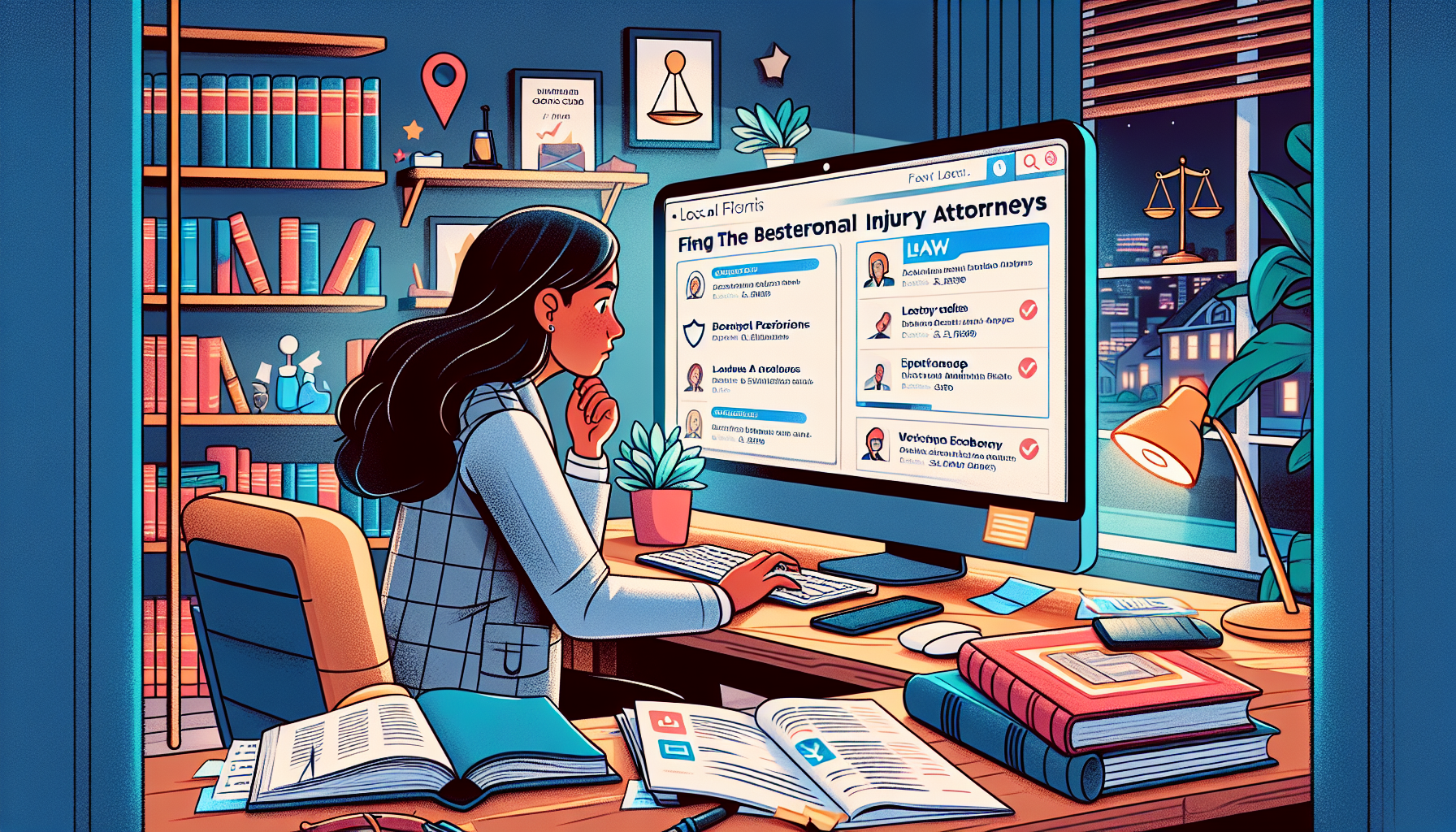 Create an image of a person researching on a computer in a cozy home office, with notes and law books scattered around, focusing on finding the best personal injury lawyers in their local area. In one corner of the image, display a map highlighting local law firms, and in another, a checklist of criteria such as reviews, experience, and fees. Include visible web pages on the computer screen showing different lawyer profiles and client testimonials.