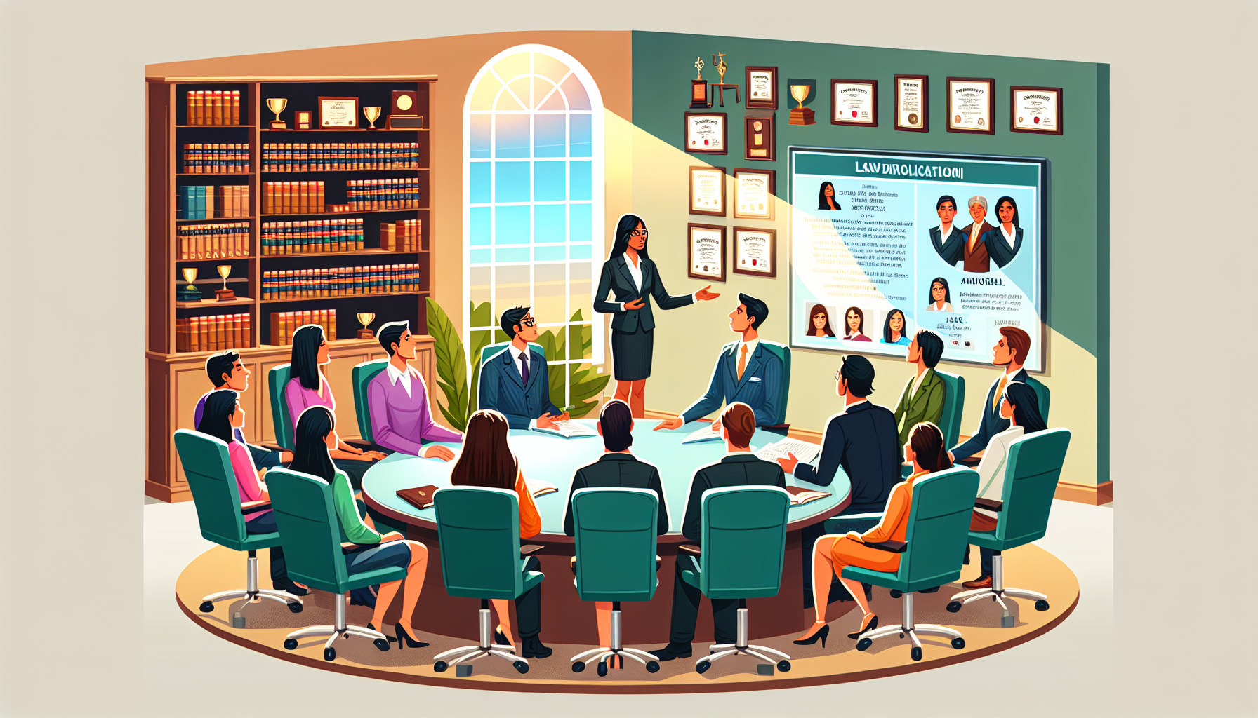 Prompt: Illustration depicting a wide conference room with a diverse group of potential clients sitting around a large table, discussing with a knowledgeable personal designer lawyer. The lawyer is pointing towards a clear display board showing their credentials, including a law degree, certifications, and a map marked with successful case locations. The room is vibrant, decorated with legal books and awards, emphasizing a professional yet approachable atmosphere. Each person at the table exhibits a different expression, from hopeful to curious, representing a range of personal rapport and communication styles.