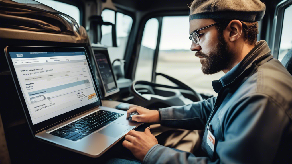 Create an image that portrays a truck driver using a laptop to search for a CDL Medical Examiner near me. The setting is the inside of a modern, well-equipped semi-truck cabin with a clear view of the laptop screen displaying a detailed online directory or review platform for medical examiners. Add subtle elements that suggest a reliable and user-friendly search process, like 5-star ratings and certification badges next to examiner names.