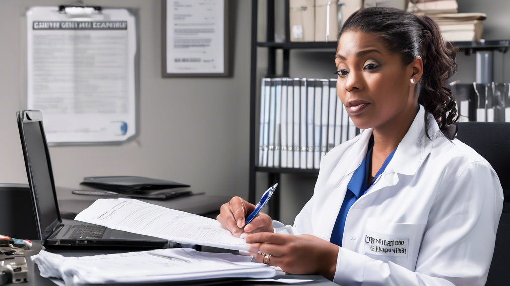 Create an image of a friendly, professional CDL medical examiner sitting at a desk in a clean, well-organized office. The examiner is talking to a truck driver who is taking notes and looks engaged. Around them are visible documents with key questions highlighted, such as What are your qualifications?, How much experience do you have?, and What should I expect during the exam?. The background includes medical certificates on the wall, a computer displaying a checklist of questions, and a visible map or directory titled CDL Medical Examiners Near Me.