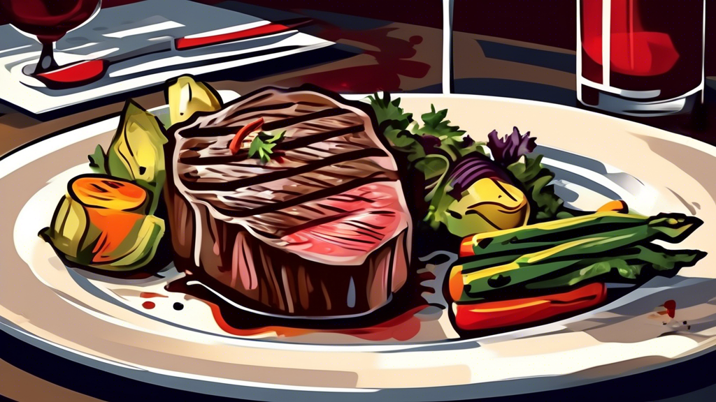 Create an image of a beautifully seared steak served with a side of perfectly grilled vegetables and a glass of red wine, set against the backdrop of a sleek and sophisticated restaurant interior. The focus should be on the juicy steak, highlighting the exquisite presentation and quality of the dish.