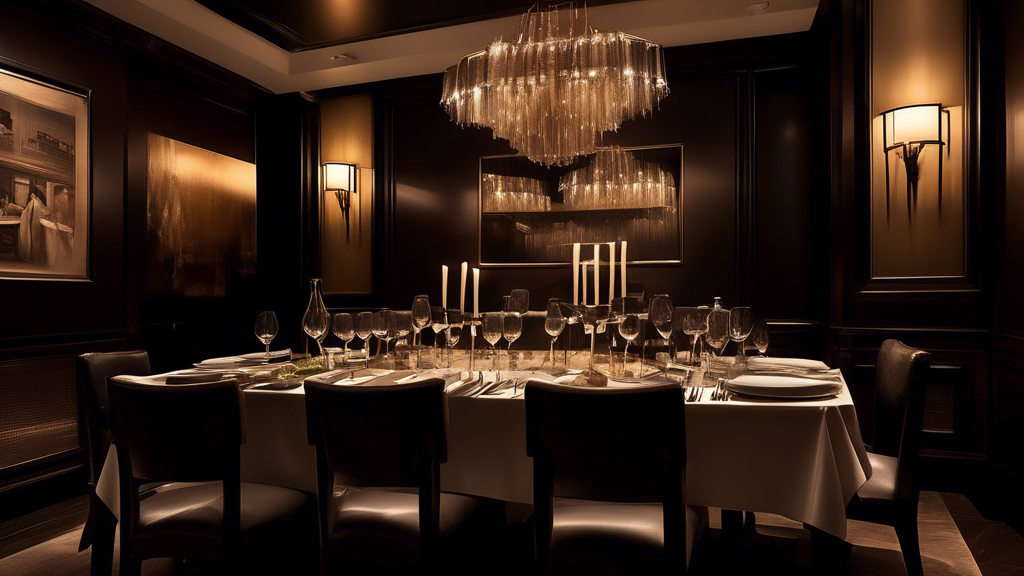 Create an image of a sophisticated NYC steakhouse dining room, with elegant place settings and a table set for a delicious meal. The focus should be on a steak dish being served, highlighting the unique flavors and cooking techniques mentioned in the article. The ambiance should exude luxury and decadence, setting the scene for the ultimate dining experience in the city.