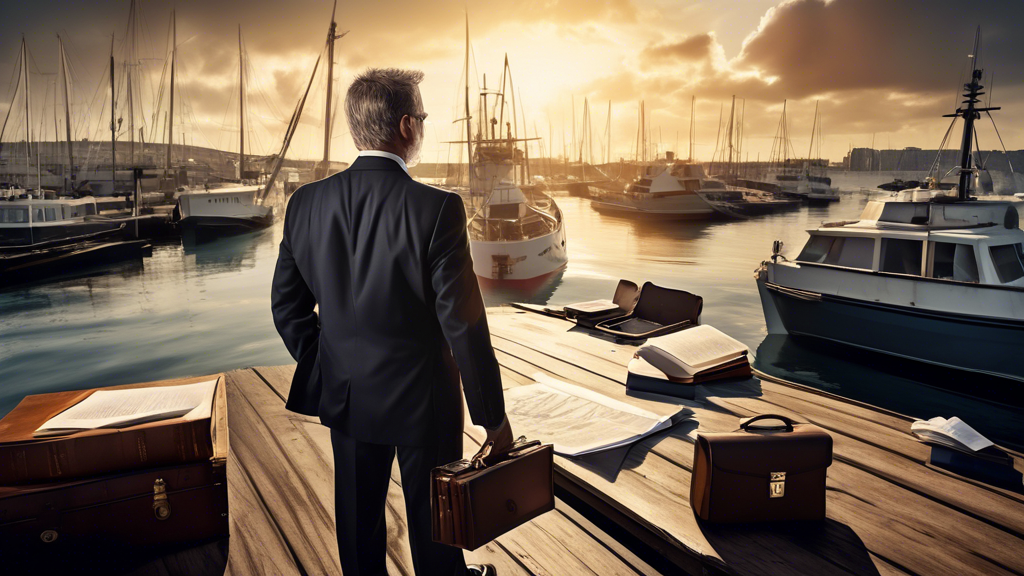 **DALL-E Prompt:**
Create an image of a serious boat collision lawyer in a business suit, standing on a dock by the harbor with a courtroom in the background. The lawyer is holding a briefcase filled with maritime law books and navigational charts. Nearby, a serious boat collision scene is visible, with rescue operations in progress. The setting sun casts a dramatic light over the scene, emphasizing the gravity and urgency of the profession.