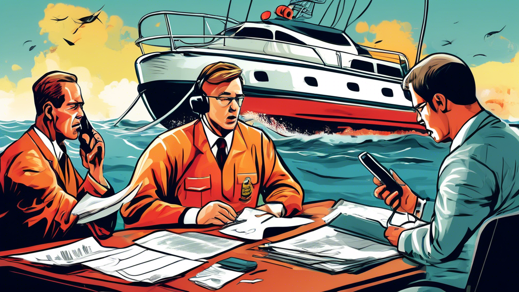 An emergency scenario immediately after a boat collision at sea with a focus on a person calling a serious boat collision lawyer for help using a satellite phone, depicting lawyers assisting in background with paperwork and discussions with authorities, illustrating steps to manage the aftermath effectively.