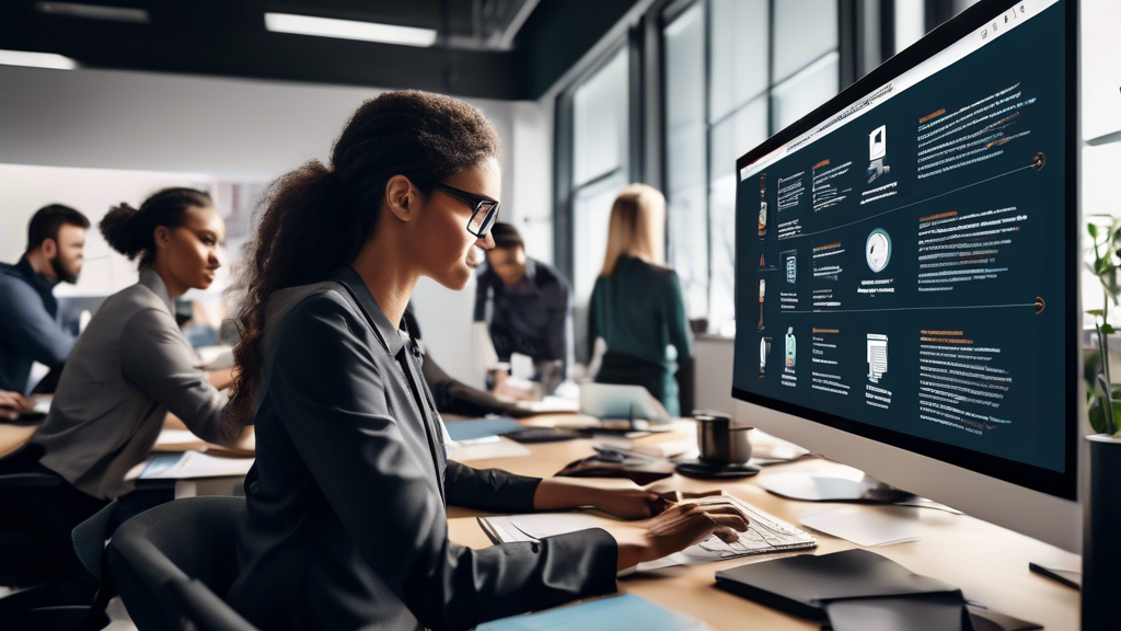 Create an image showing a modern office environment with professionals working at their desks. In the background, a large screen displays a checklist titled Best Practices for Office 365 Backup with bullet points: Choose the Right Backup Solution, Perform Regular Backup Reviews and Testing, and Create and Update an Emergency Recovery Plan. The atmosphere should convey a sense of urgency and importance, with the workers appearing focused and diligent.