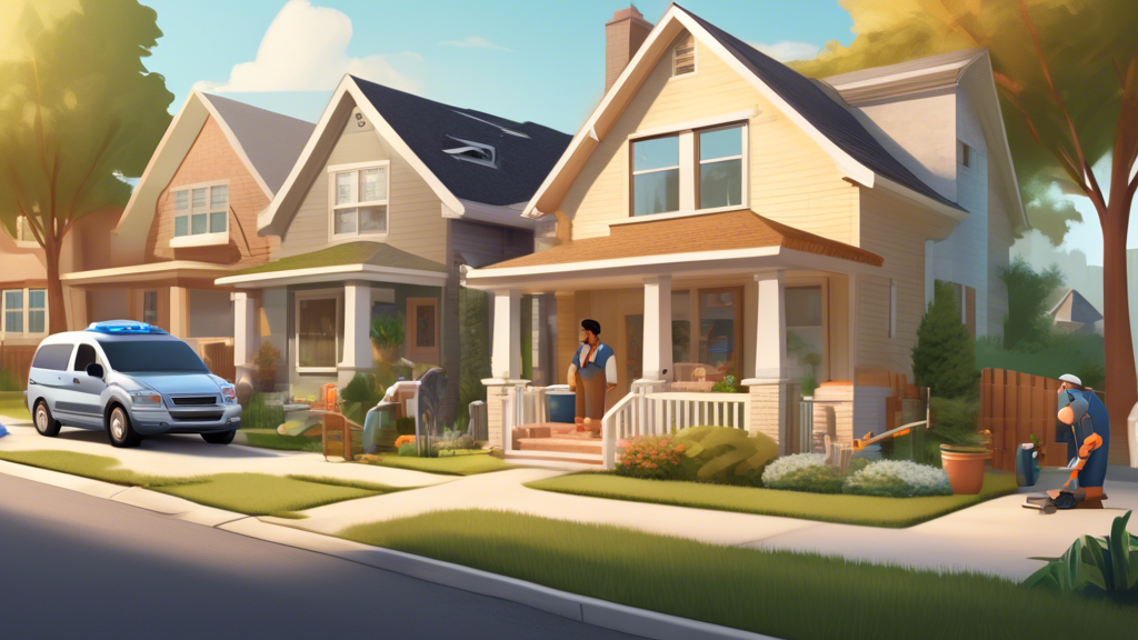 Create an image that depicts a friendly neighborhood technician talking to a homeowner on their front lawn, with visual elements like a sewer pipe diagram and checklists floating around them. The scene feels warm and inviting, emphasizing trustworthiness and local community spirit. Include subtle details like a van with 