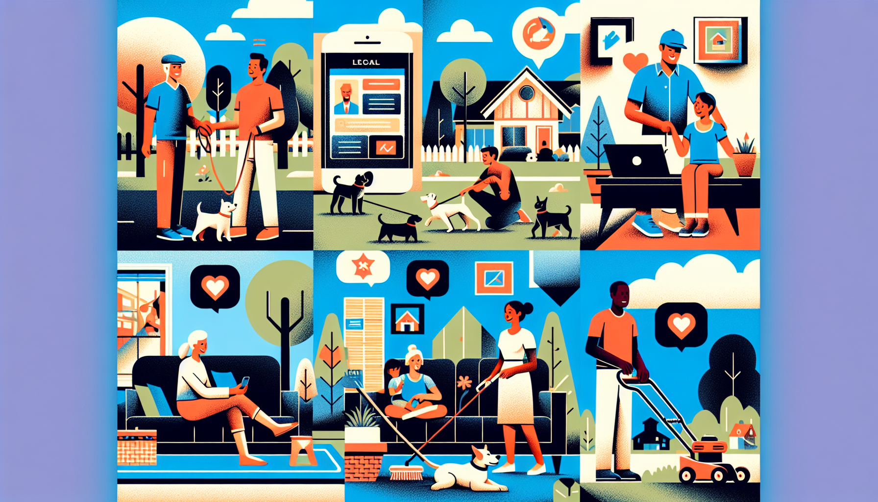 Prompt for DALL-E:

Create an image of people engaging in various local side hustles. This could include a friendly dog walker strolling through a park, a babysitter playing with kids in a cozy living room, and someone mowing a lawn in a suburban neighborhood. Incorporate elements like phones with apps such as Rover and Care.com visible on the screens, and depict a community environment with neighbors interacting and sharing recommendations. The overall mood should be inviting and community-oriented, showcasing the benefits of local word-of-mouth marketing.