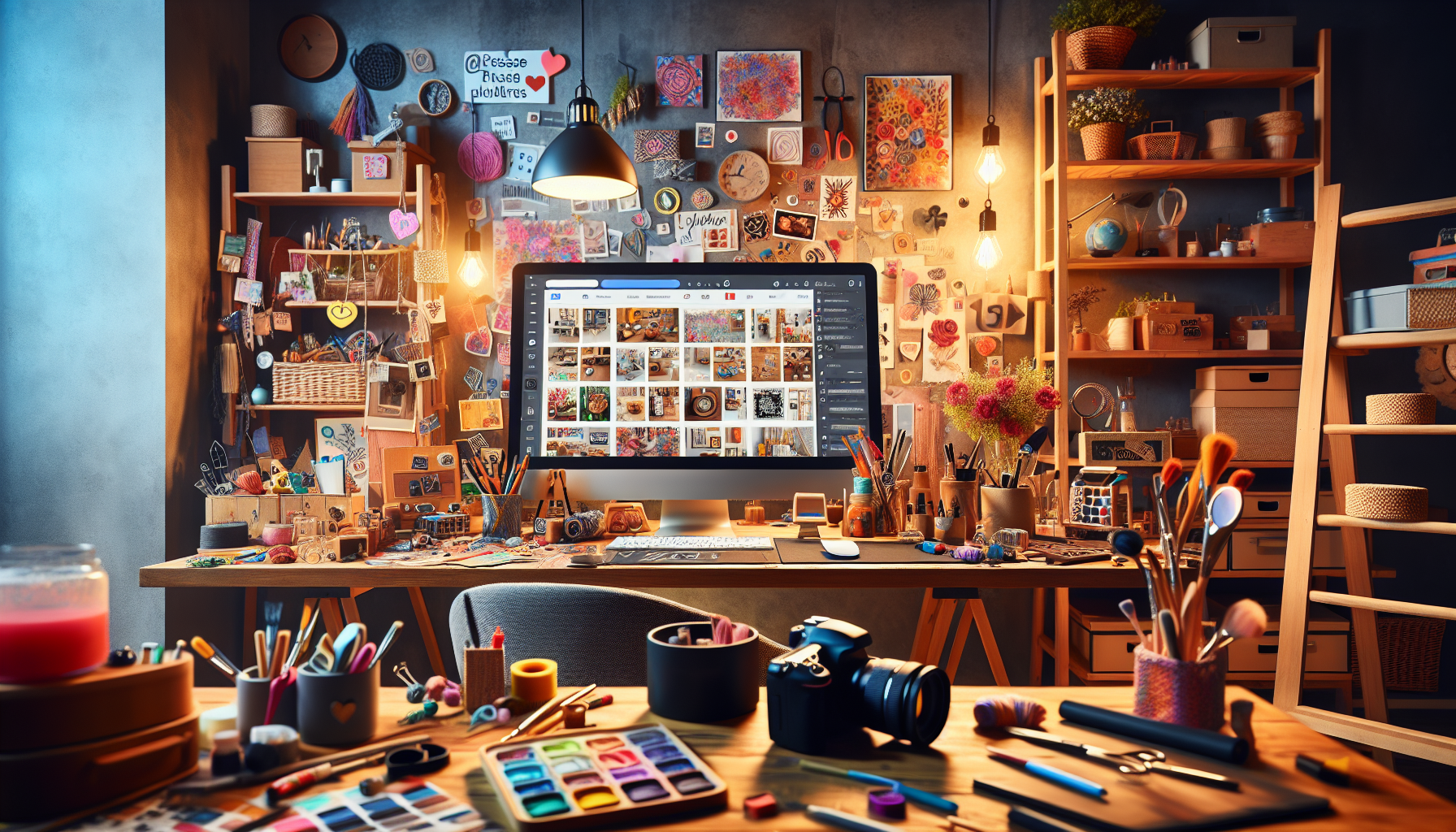 Prompt for DALL-E: An artistic workspace featuring a cozy desk cluttered with tools for handmade crafts, a high-quality camera, and thrift store finds ready for resale. On a nearby computer screen, social media pages showcasing these creative products and platforms like Etsy and Poshmark are visible. The setting should exude a vibrant, creative atmosphere, emphasizing the ease and low investment needed to start these side hustles. Include elements like colorful materials, an organized shelf with craft supplies, and ambient lighting that highlights the warmth and creativity of the space.