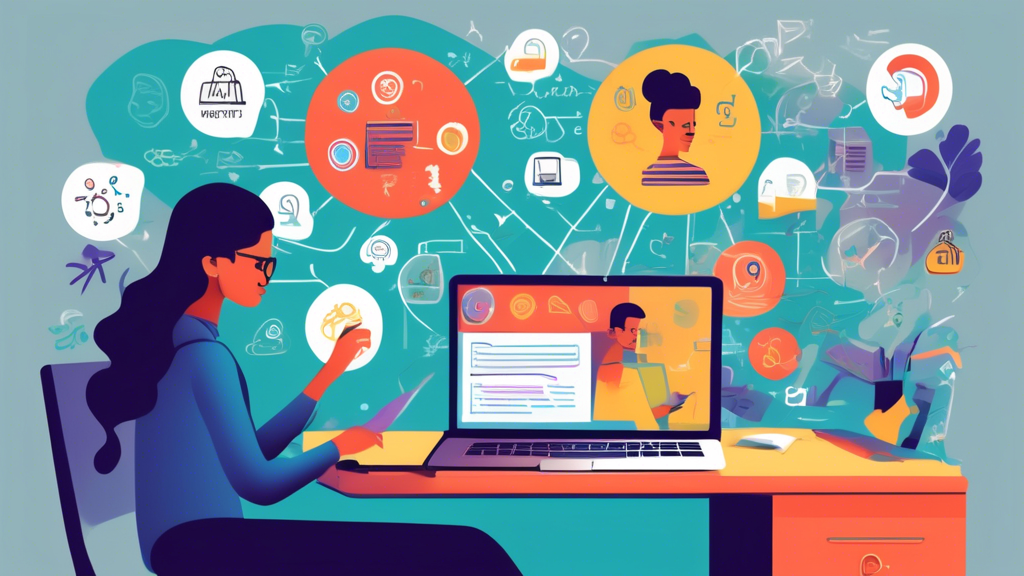 Illustration of a person thoughtfully crafting a prompt on a laptop, with a clear and concise text box example on the screen. Surrounding them are icons representing context, examples, and common pitfalls to avoid. The background shows a brainstorming mind map highlighting key strategies for crafting high-quality prompts for ChatGPT.