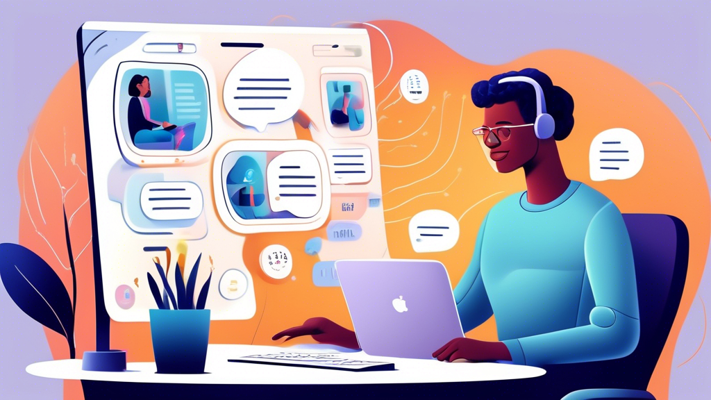 Create an illustration that shows a person in a modern, tech-savvy setting (like a sleek office or a cozy home office), experimenting with generating prompts on a computer. On the screen, different speech bubbles with varying tones and styles (e.g., formal, humorous, inquisitive) are displayed, emphasizing diversity in prompt creation. Another smaller screen shows a chatbot interface refining text with follow-up questions, symbolizing iterative enhancement through feedback. Make sure the scene looks engaging and dynamic, highlighting creativity and interaction.**Prompt:** A vibrant, modern office scene with a person at a computer, experimenting with creating diverse prompts in various tones and styles for ChatGPT. The computer screen shows different speech bubbles (formal, humorous, inquisitive), and a smaller screen displays a chatbot interface where follow-up questions are refining text. The setting is bright and engaging, emphasizing creativity and interaction.