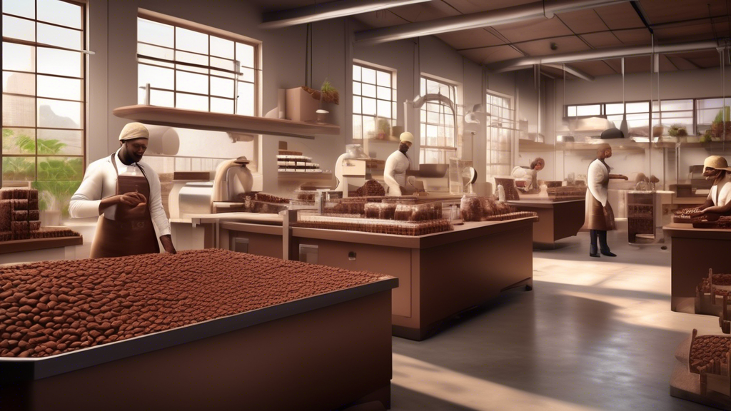 An artisanal chocolate factory showcasing the bean-to-bar process, with diverse professionals examining cacao beans, engaging in sustainable practices, and brainstorming innovative gourmet chocolate flavors in a modern, eco-friendly workspace.