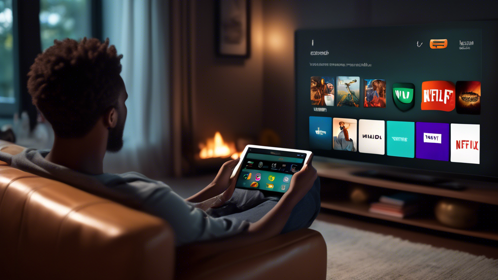 Create an image of a person relaxing on a couch, with a Firestick remote in one hand and a tablet displaying a VPN app interface in the other. The TV screen in the background should show streaming content, with icons of various streaming services (e.g., Netflix, Hulu) and a shield symbol representing security. Include subtle visual cues like a Wi-Fi symbol and a globe icon to indicate secure global access. The color scheme should be comforting and safe, suggesting a secure browsing experience.