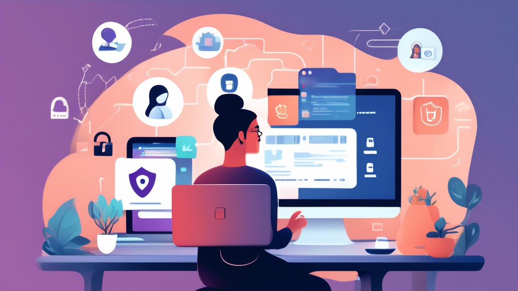 Create an image of a person using a laptop in a cozy, modern home setting. The laptop screen shows various icons representing privacy tools and techniques such as a lock symbol, VPN, and antivirus software. The person looks focused and confident, emphasizing the importance of strong passwords and two-factor authentication. In the background, there