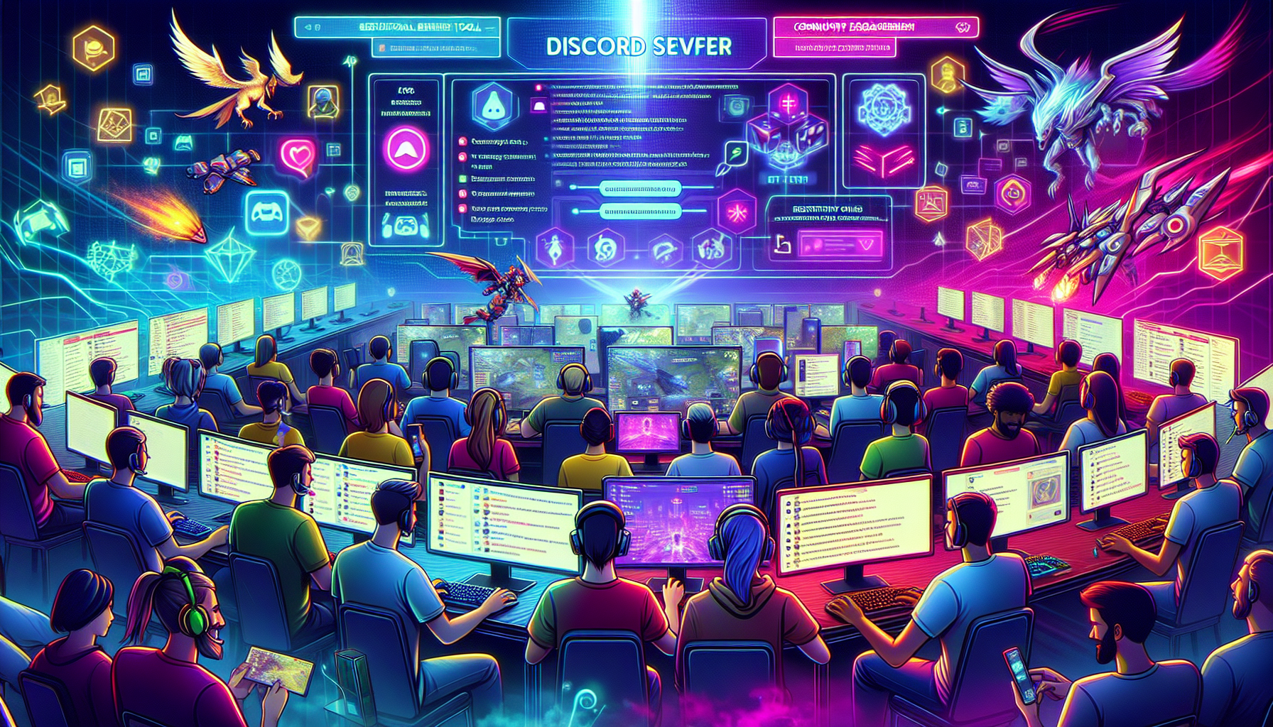 Create an image showing an enthusiastic group of gamers in front of computer screens, actively engaging in a CSGORoll Discord server. Highlight digital elements like chat boxes, strategy guides, and helpful bots. Incorporate icons representing FAQs, tools, and community interaction to convey useful tips and tricks. Make the setting vibrant and dynamic to capture the excitement and resourcefulness of the community. Include the text CSGORoll Discord subtly within the image.