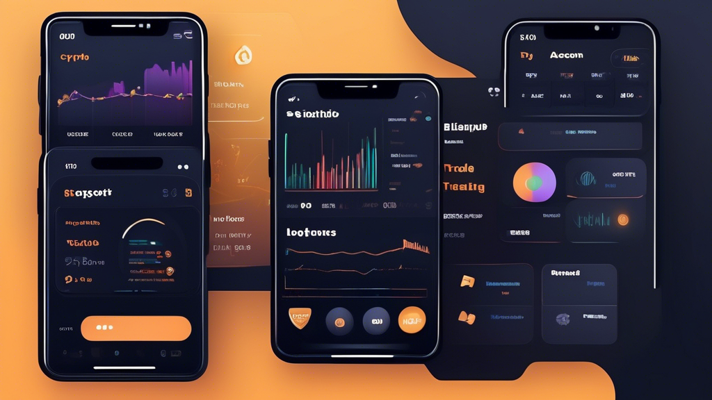 Create an image depicting a user-friendly interface of the best crypto trading app. In the background, show a step-by-step guide: downloading the app, creating an account, making a deposit, and starting the trade. Include visual elements like secure login screens, user-friendly dashboard, graphs, charts, and tips for new users popping up on the screen. Add a mix of vibrant and professional colors to emphasize ease of use and security.