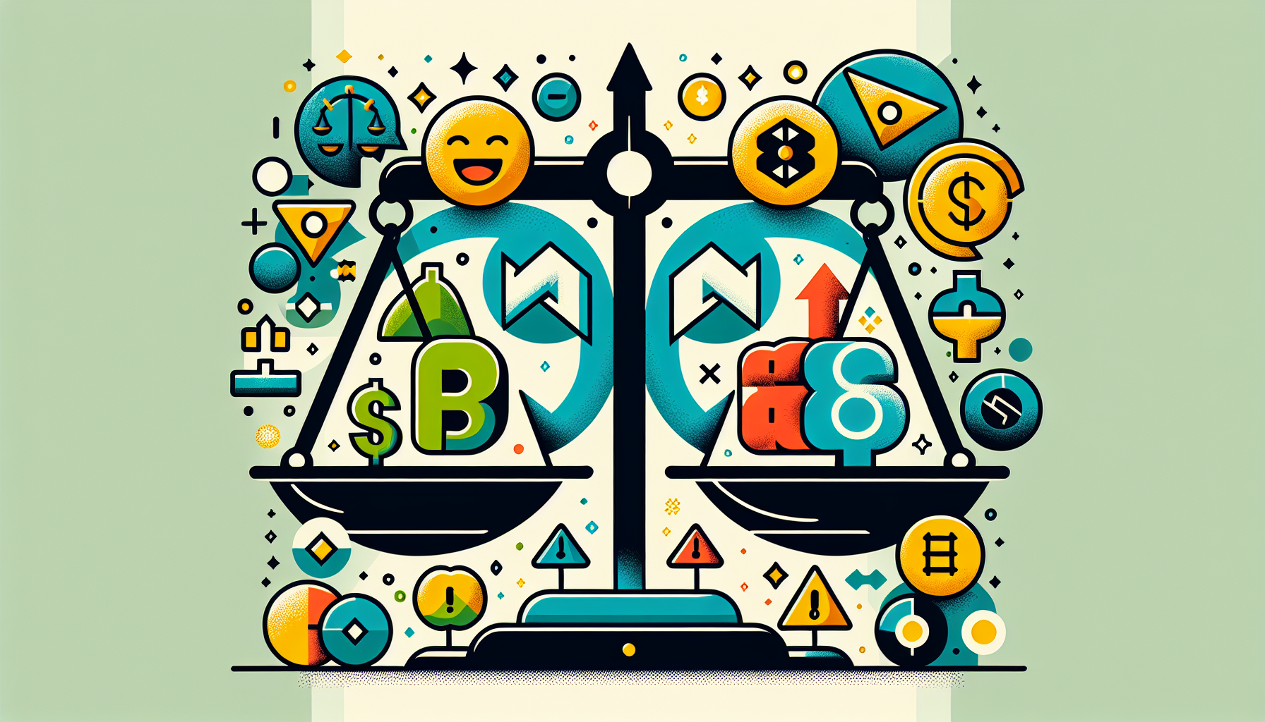Create an image that visually represents the advantages and disadvantages of using Gemini cryptocurrency. The image should be a balanced scale with symbols of positives (like a green upward arrow, dollar sign, or a smiling face) on one side and negatives (like a red downward arrow, warning sign, or a frowning face) on the other. The background can include the logos or symbols of various popular cryptocurrency platforms, with Gemini