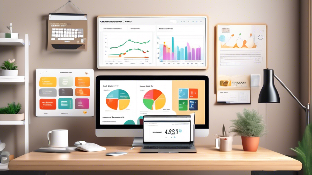 Create an image of a bright, cozy home office with a laptop displaying an online store dashboard. Surround the desk with visual elements representing digital products, such as e-books, online course icons, and printable design templates. Show posters and packaging materials indicating a small e-commerce setup. Include marketing strategy charts and analytics displayed on a wall-mounted board, highlighting effective online marketing and customer acquisition strategies.
