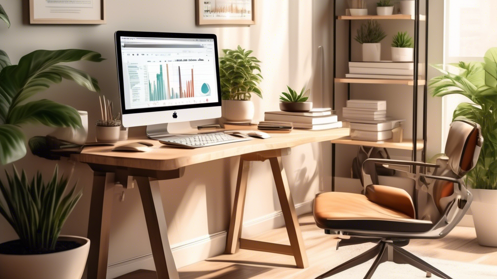 A visually striking image of a home office environment bathed in natural sunlight, showcasing various passive income streams. On a sleek computer desk, there’s an open laptop with a webpage displaying affiliate marketing statistics, nearby are neatly stacked real estate investment books, and a smartphone showing stock market graphs. A comfortable chair and potted plants around the room hint at a peaceful, productive space. In the background, a whiteboard illustrates a dropshipping business model and royalty earnings breakdown. The overall scene captures the essence of 