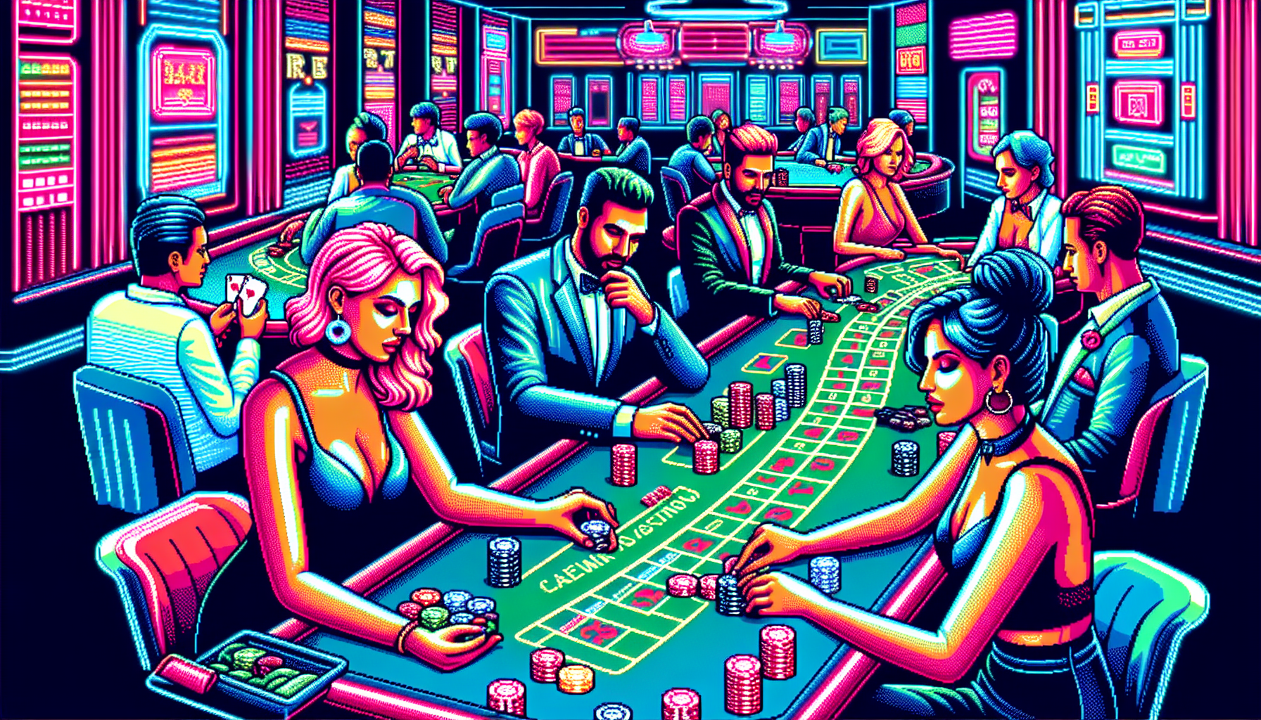 Create an image of a lively casino scene with people engaged in various popular games like Blackjack, Poker, and Roulette. Highlight players using a range of strategies to maximize their chances of winning, such as studying cards, calculating odds, and managing their chips carefully. The atmosphere should be vibrant and electrifying, reflecting the tension and strategy involved in each game.