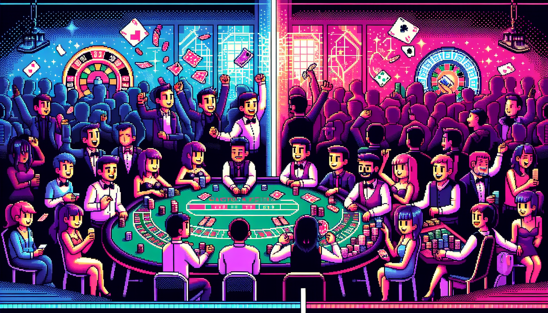 Create an image featuring a balanced scene in a casino setting. On one side, depict the thrill and excitement of people playing various casino games like Blackjack, Poker, and Roulette with vibrant colors and lively expressions. On the other side, show a more thoughtful and strategic approach with players calmly analyzing their strategies, managing their bankroll, and setting limits. Include subtle elements that highlight responsible gambling, such as brochures or signs promoting support resources. Use a mix of warm and cool tones to convey the balance between thrill and strategy.