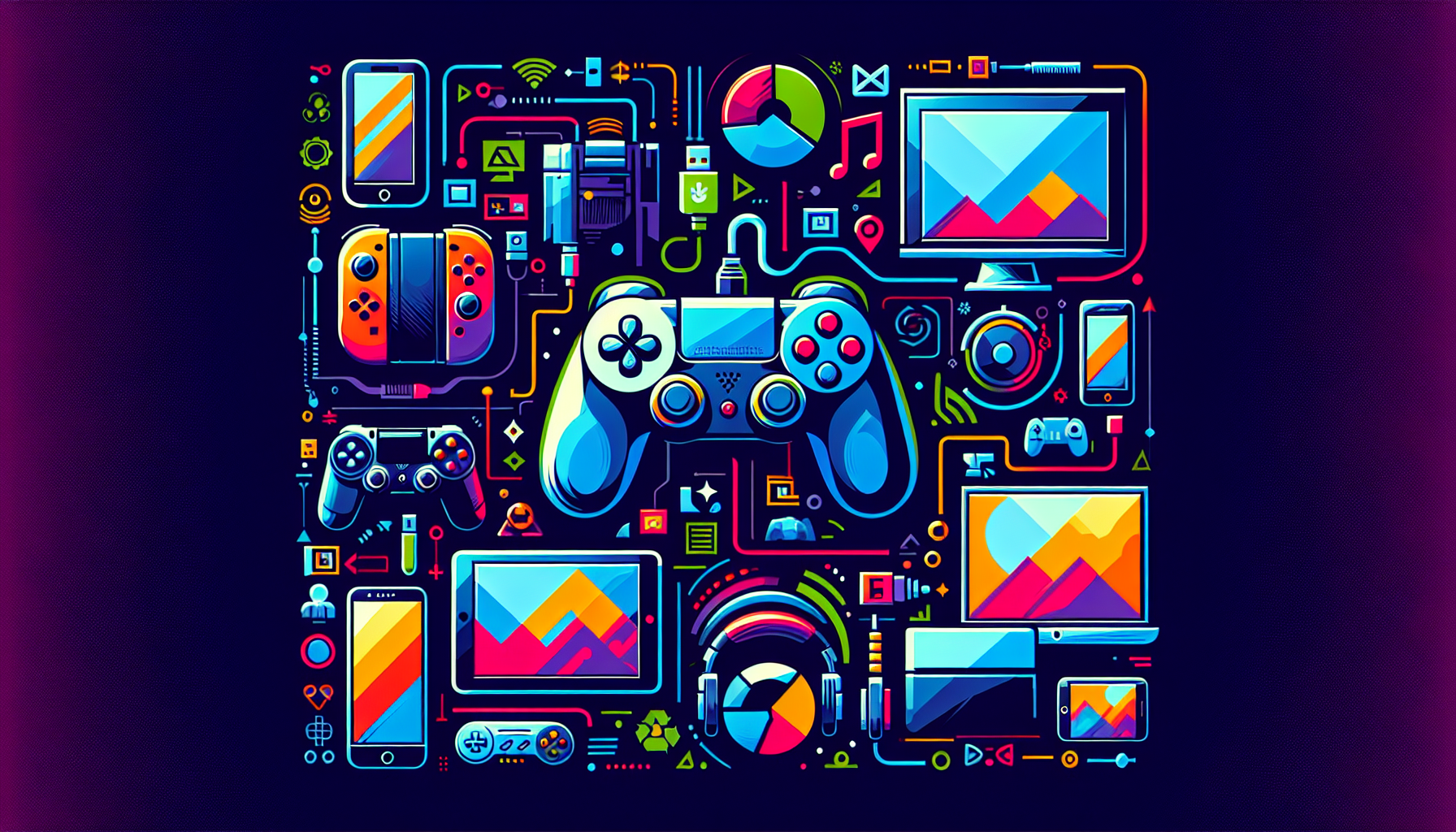 Create an image showcasing the versatility of the Sony DualShock 4 controller by illustrating it in use with various devices: a PlayStation console, a PC, a smartphone, and a tablet. Include representations of third-party applications and emulators, highlighting their compatibility with the controller. Show icons or logos for firmware updates to emphasize ongoing support and performance enhancements. The scene should visually communicate the controller