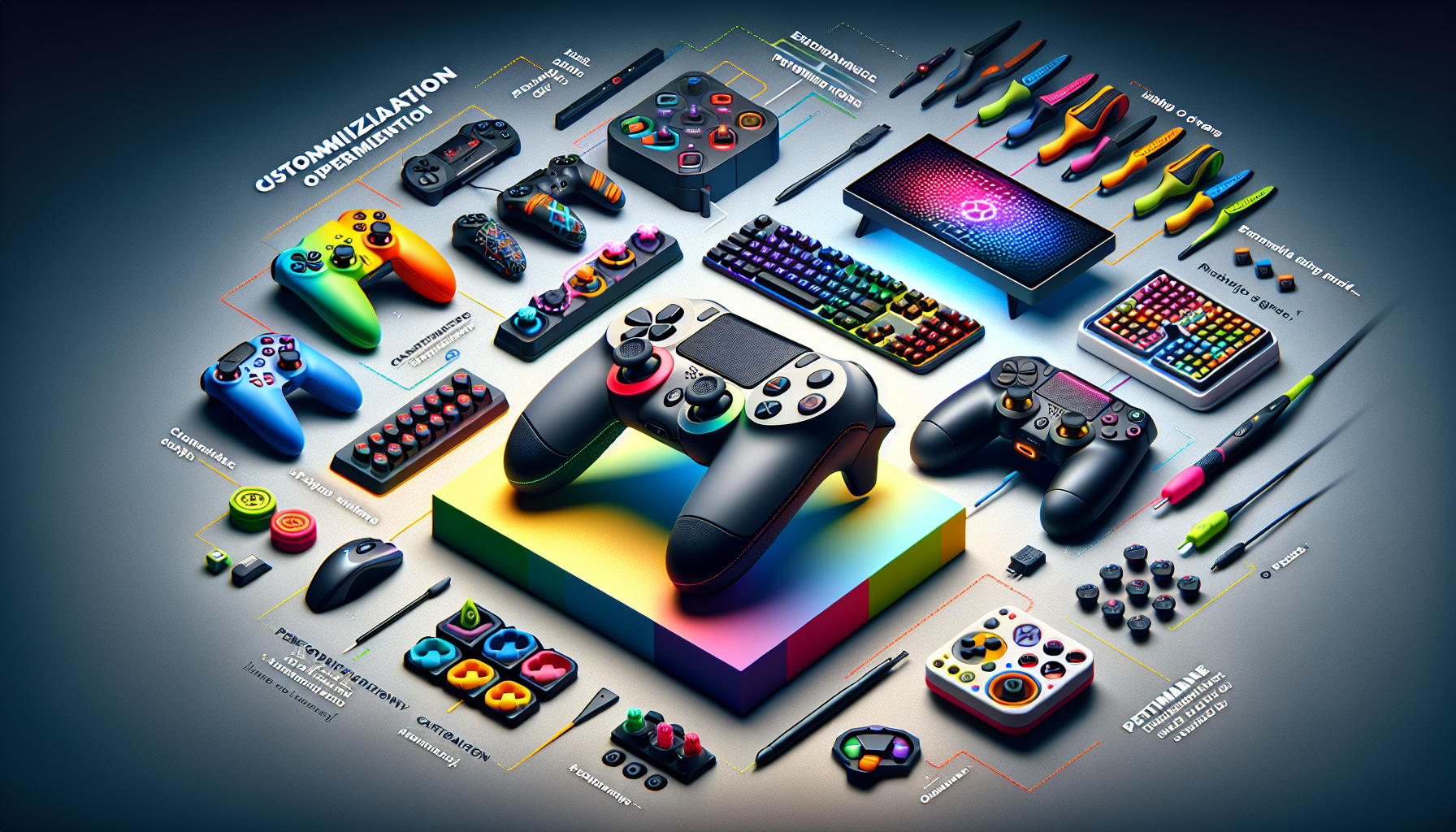 Create a high-resolution image showcasing a Sony DualShock 4 controller on a gaming desk. The controller should be surrounded by various accessories such as colorful skins, extended grips, and a sleek charging station. The setting should emphasize a customized gaming atmosphere with optimal lighting, highlighting tips and tricks hints for performance optimization on a nearby screen. The focus should be on the personal customization and enhancement options available to unlock the full potential of the DualShock 4 controller.