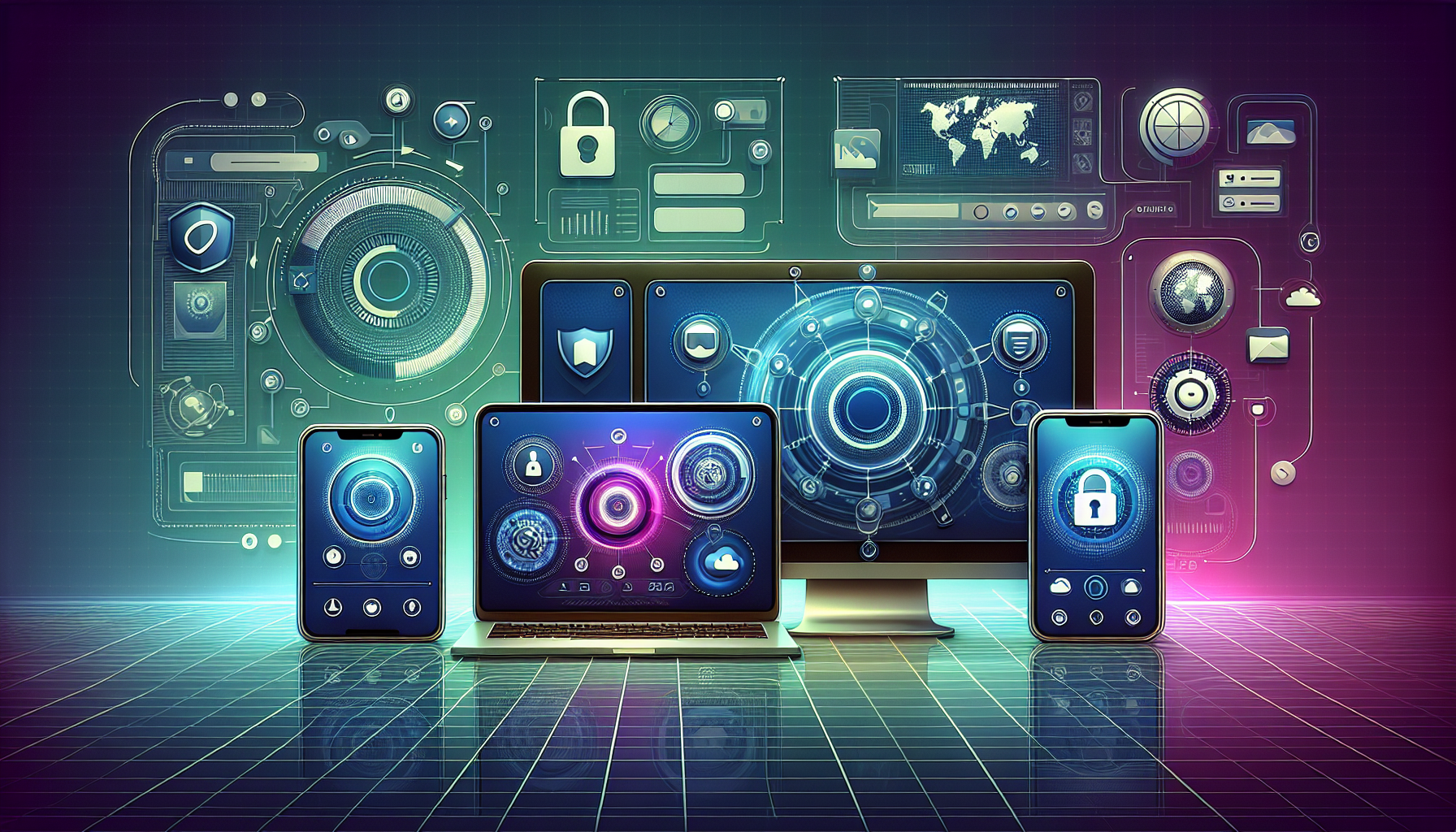 Prompt for DALL-E:

A modern, clean user interface displaying the installation process of Smart DNS Proxy VPN on four different devices: Windows laptop, MacBook, iPhone, and Android tablet. Each device should show different stages of the VPN setup, with clear visual indicators of configuration settings and customization options. The background should feature a subtle, tech-inspired design with icons and graphics representing security, privacy, and internet connectivity.