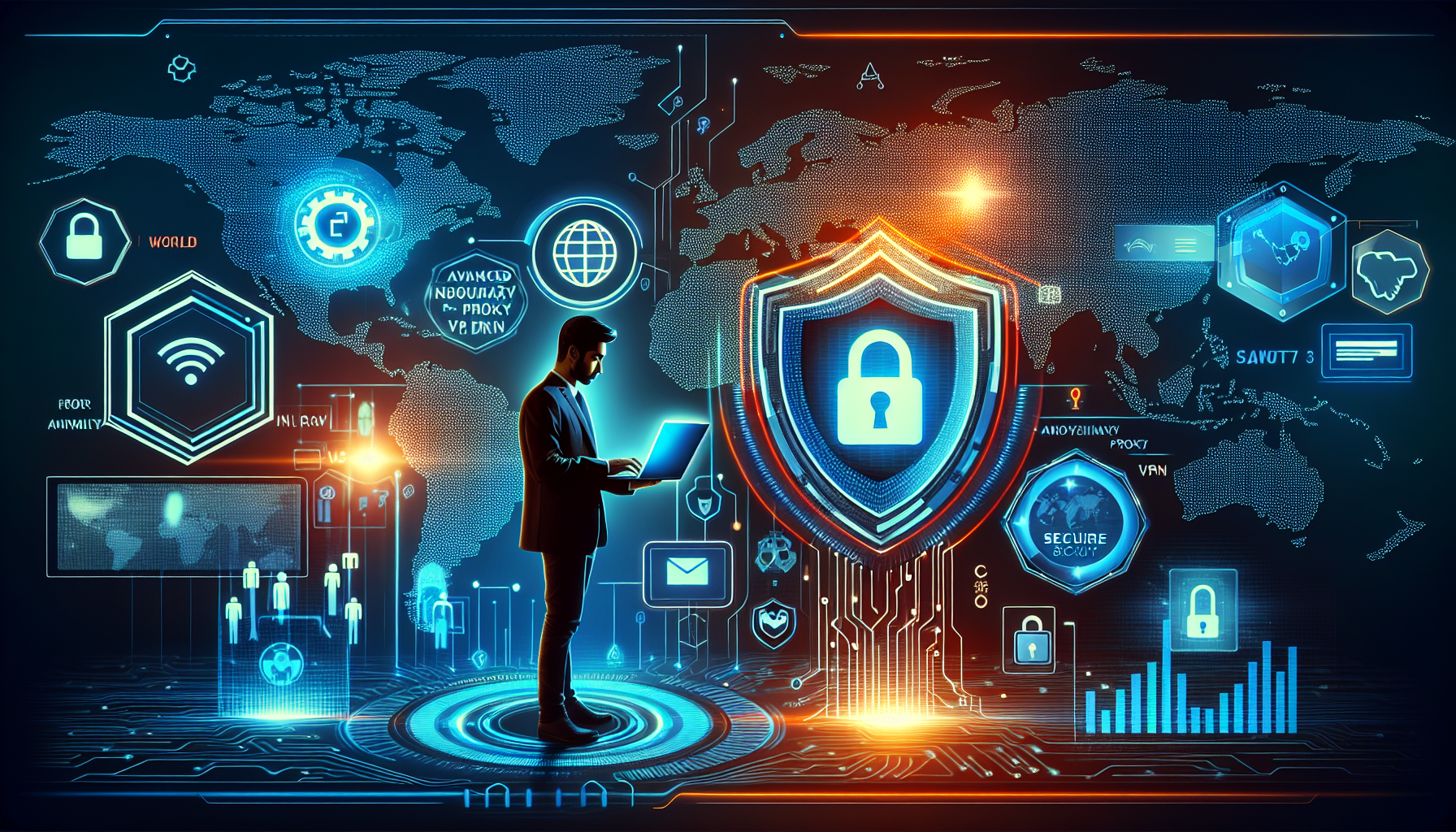 Create a digital illustration showcasing the benefits of using Smart DNS Proxy VPN for enhanced online security. The image should depict a person using a laptop with an encrypted shield icon, showing improved privacy and anonymity. Surrounding the laptop, include elements like a world map with various countries highlighted to signify the bypassing of geo-restrictions, and icons such as a padlock and a secure data transfer to symbolize enhanced data protection and encryption. The overall scene should have a futuristic and secure ambiance, emphasizing advanced technology and cyber protection.