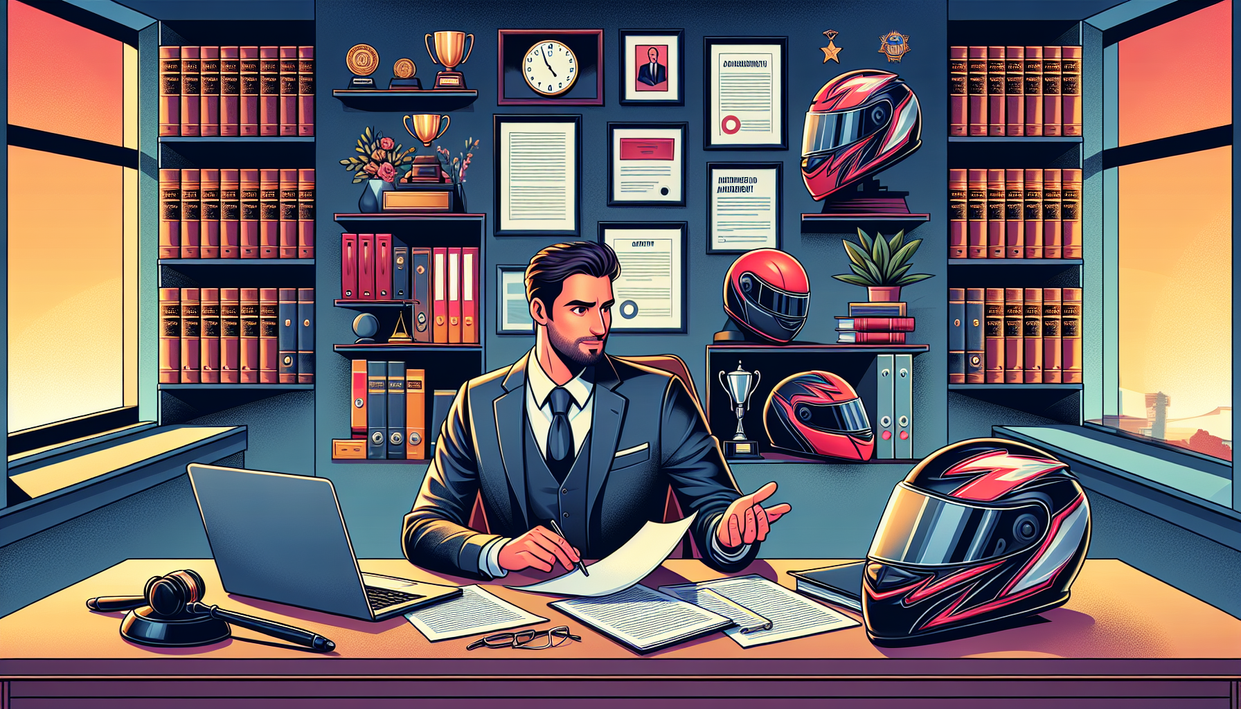 An experienced lawyer from a motorcycle injury law firm discussing a case over documents and a laptop in an office, surrounded by motorcycle helmets and legal books, with visible client testimonials and awards displayed in the background.