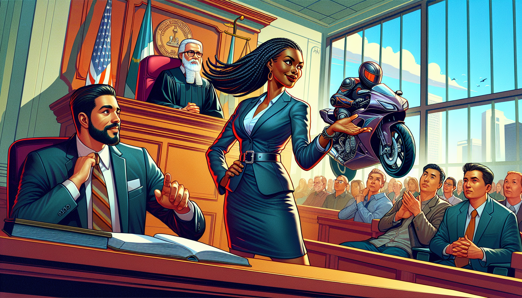 An animated courtroom scene where a confident attorney from a motorcycle injury law firm is presenting a strong case in front of a judge, emphasizing their specialized approach in handling complex motorcycle injury cases, with a client listening intently in the background, illustrating the importance of understanding legal strategy and communication.