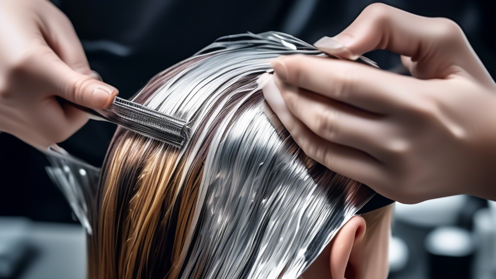 A close-up image of a hairdresser skillfully applying hair dye using aluminum foil. The hairdresser is wearing gloves and meticulously sectioning the hair, folding the foil to create precise highlights. The background shows a professional salon setting. The image highlights blending techniques and expert precision, while showcasing perfect foil placement. There is also a subtle emphasis on avoiding common mistakes, with well-organized tools and materials visible in the background.